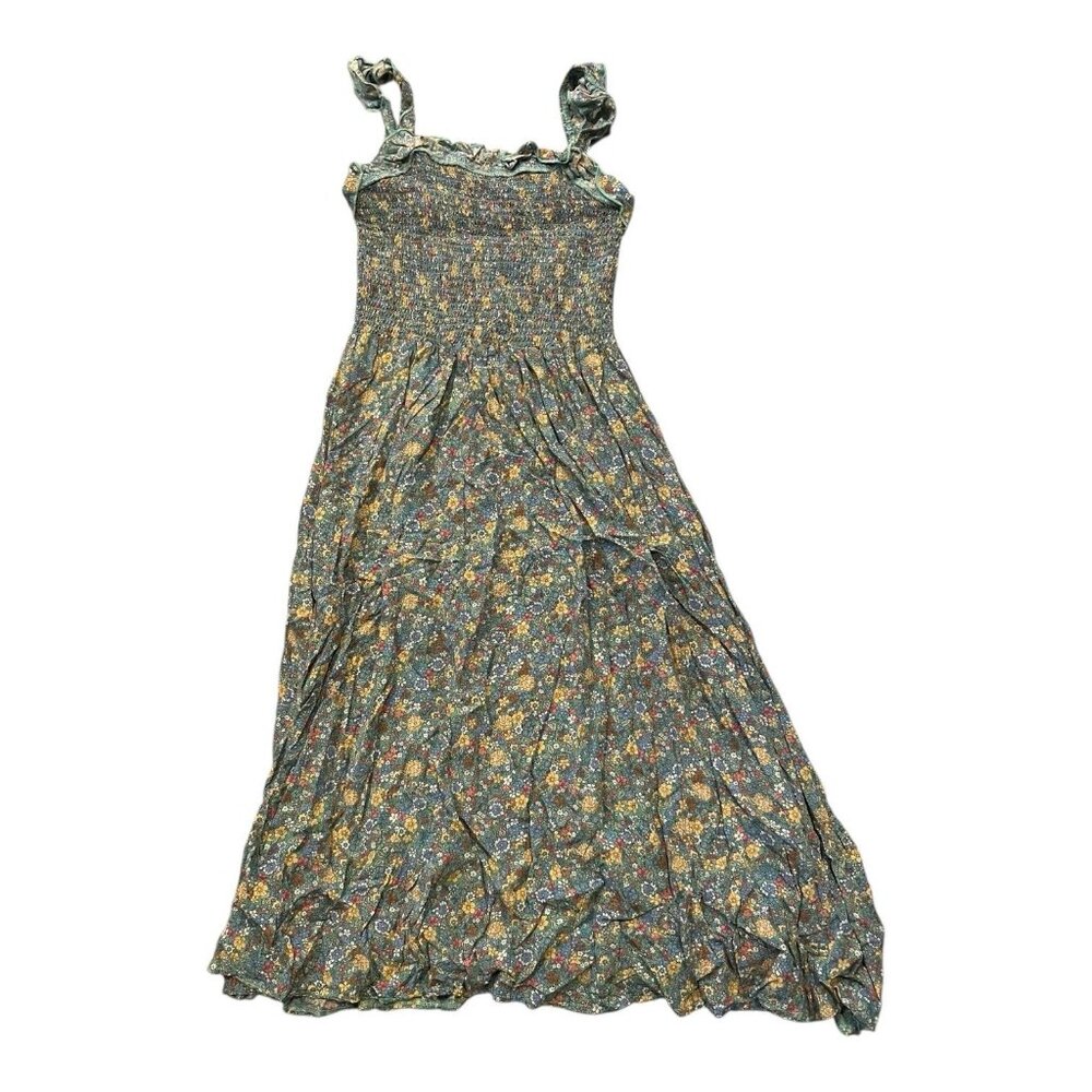 Smocked Floral Maxi Dress in Olive Green - Picture 2 of 3
